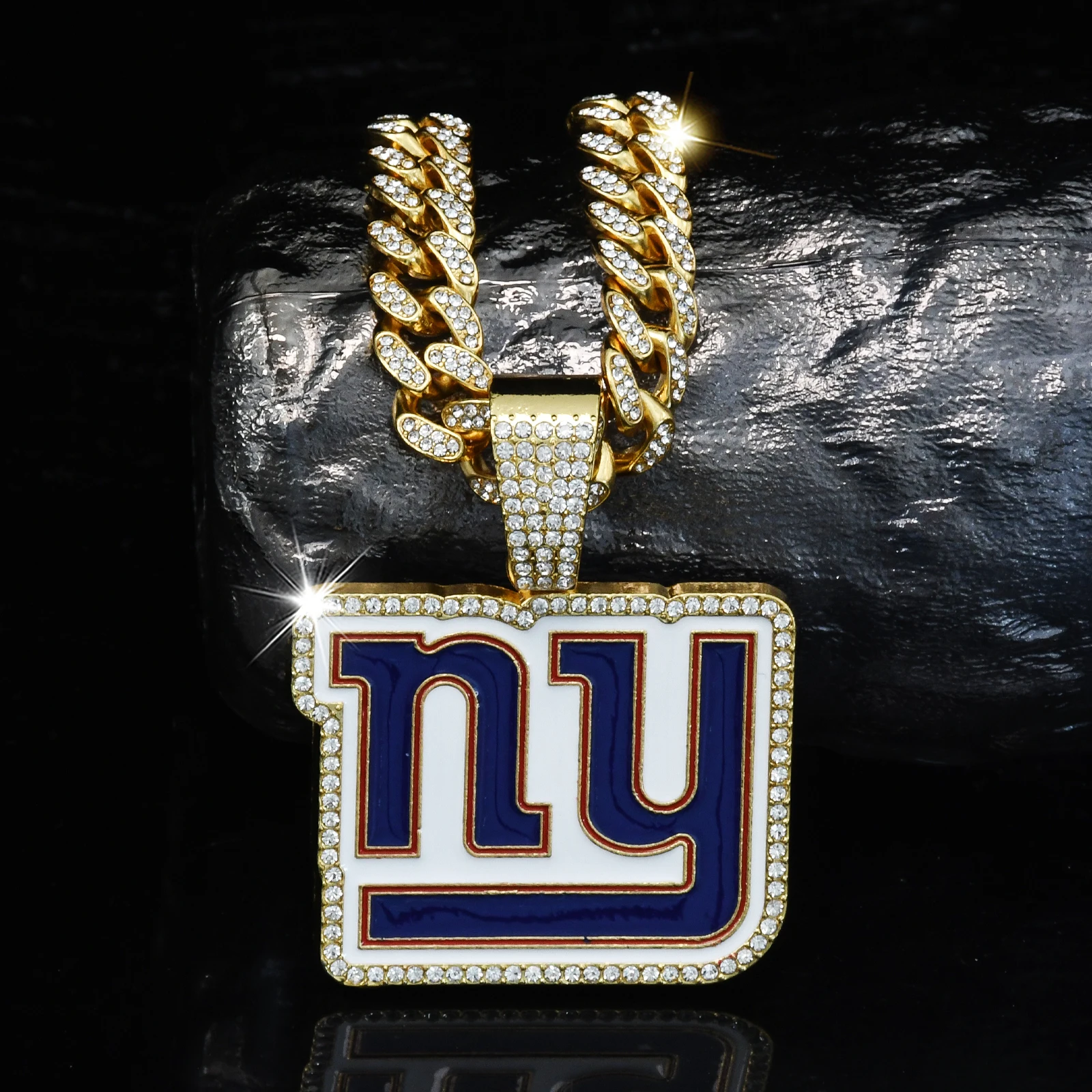 Letter NY Named Giants Football Team Logo Pendant Necklace with Full Rhinestone Cuban Chain Sport Jewelry for Men