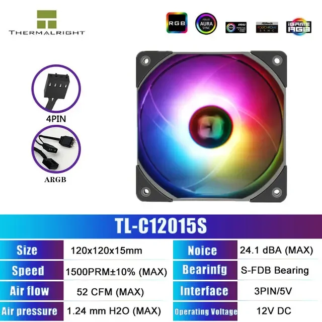 Thermalright PC Case Quiet RGB Fans 120MM ARGB PWM,CPU cooler Fan Support M/B SYNC,TL-C12015