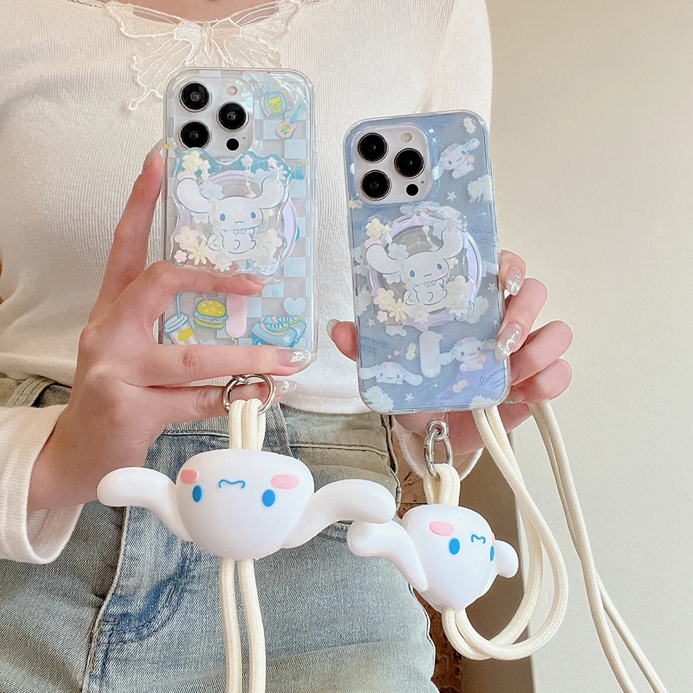 

Cute Sanrios Cinnamoroll for Magsafe Magnetic Bracket Phone Case For iPhone 15 14 13 12 11 Pro Max Clear Back Cover With Lanyard