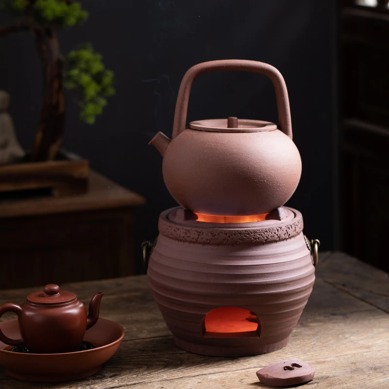 Japanese Retro Charcoal Stove Clay Pot Boiling Water Set Stoneware Kung Fu Tea Tea Brewing Pot Hand Carved Tea Set