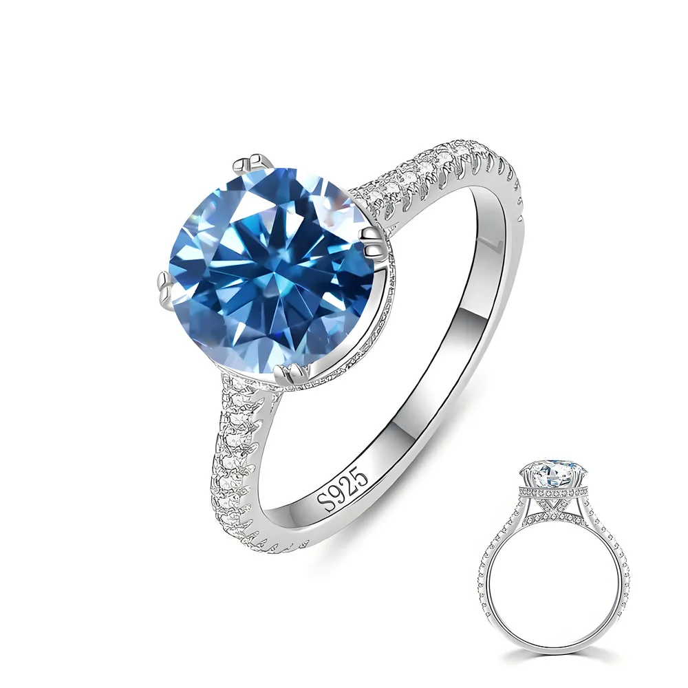 

New Seiko inlaid round royal blue diamond ring women's S925 sterling silver ring European and American high-end jewelry