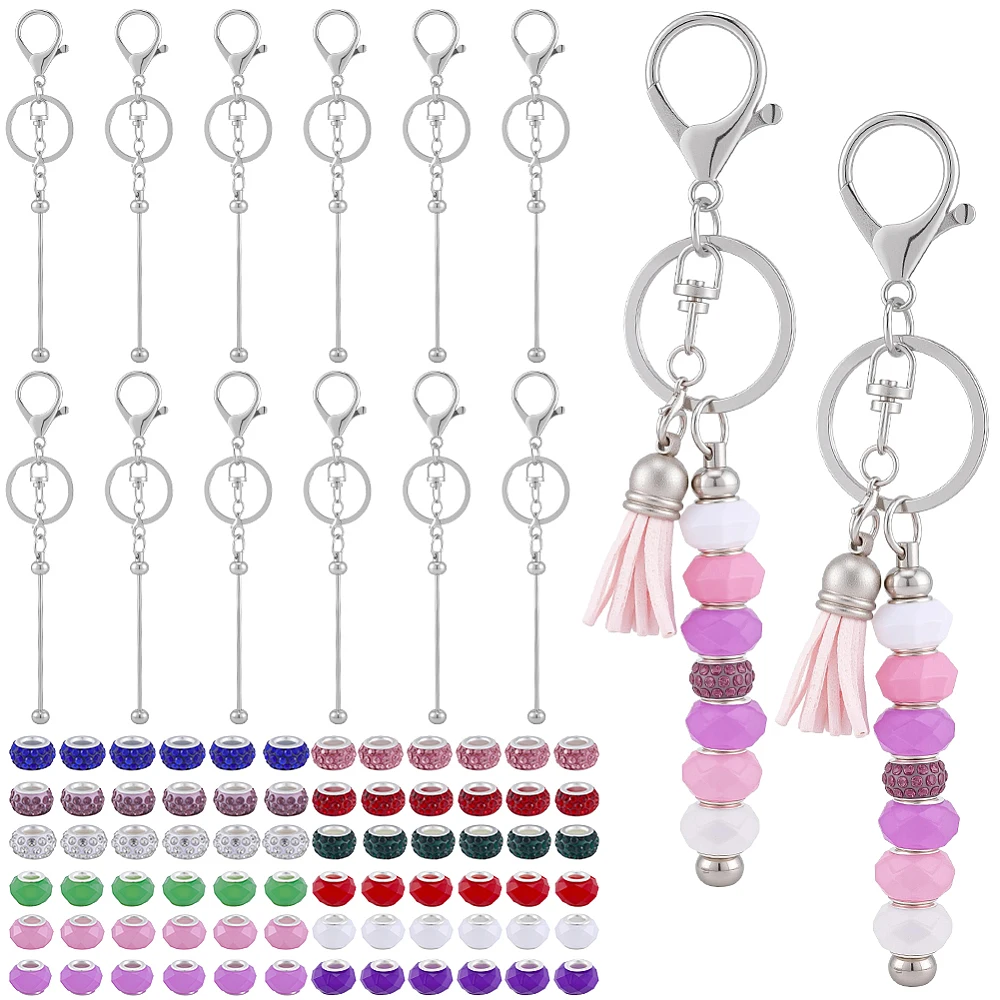 96Pcs Beadable Keychains Making Set Bulk Including 12Pcs Blank Beadable Keychain Bar 12 Clasps with 36 Resin 36 Polymer Clay