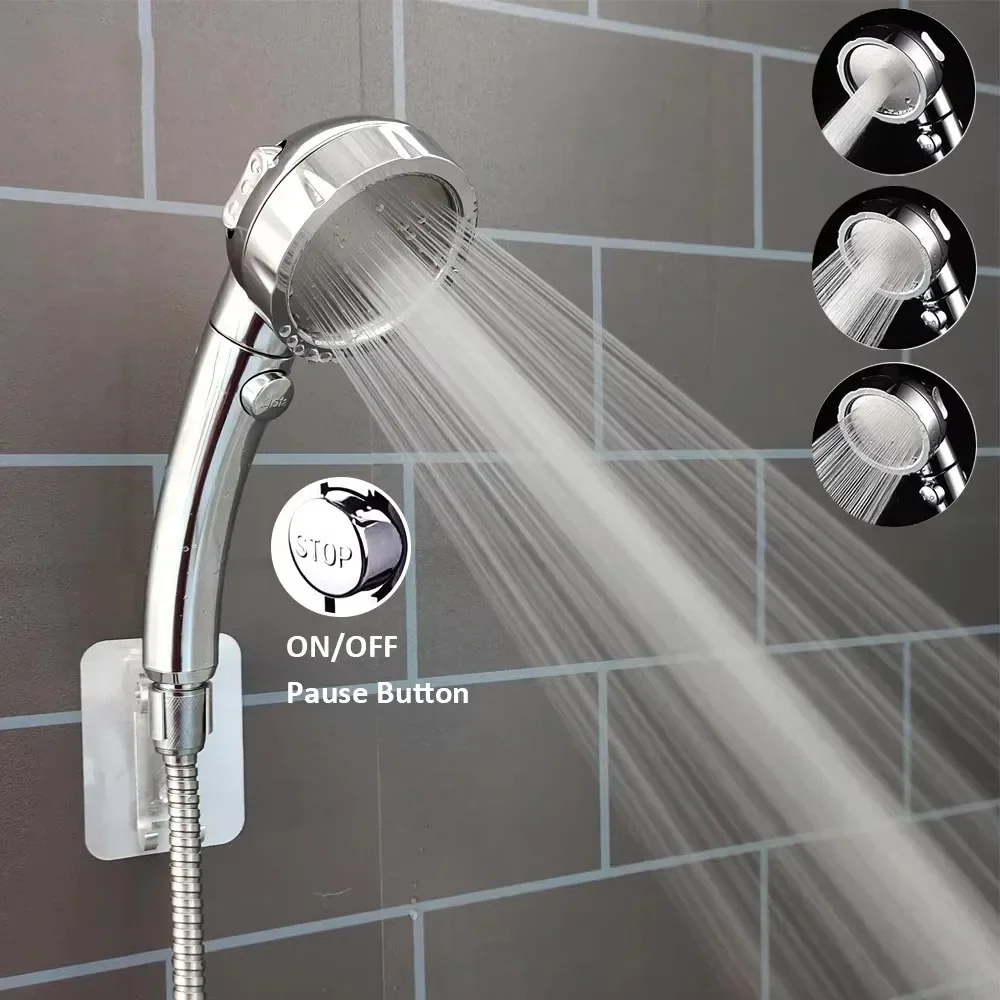 High Pressure Shower Head with ON/OFF Pause Switch 3 Modes Adjustable Spray Nozzle Massage Shower Faucet Bathroom Accessories