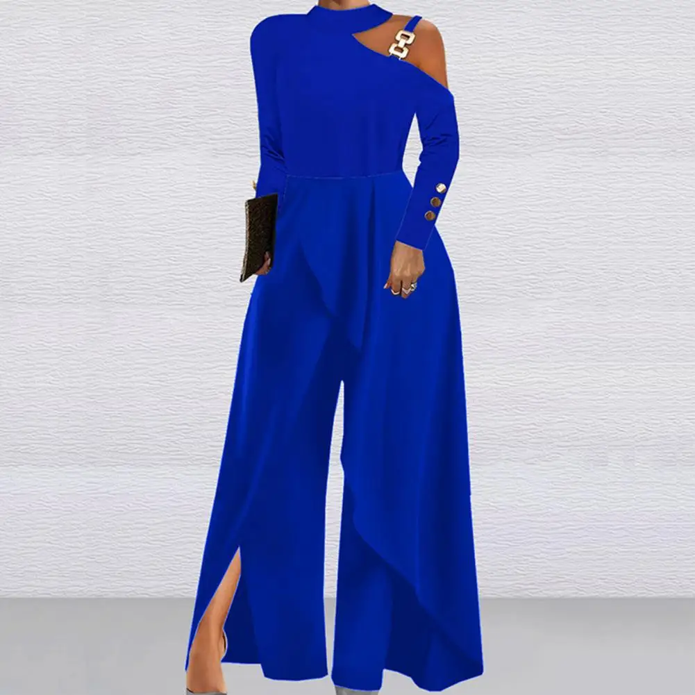 

2024 Summer New Elegant Slit Irregular Wide Leg Jumpsuits Women Temperament Commuter Retro Rompers Ladies Skew Collar Jumpsuit