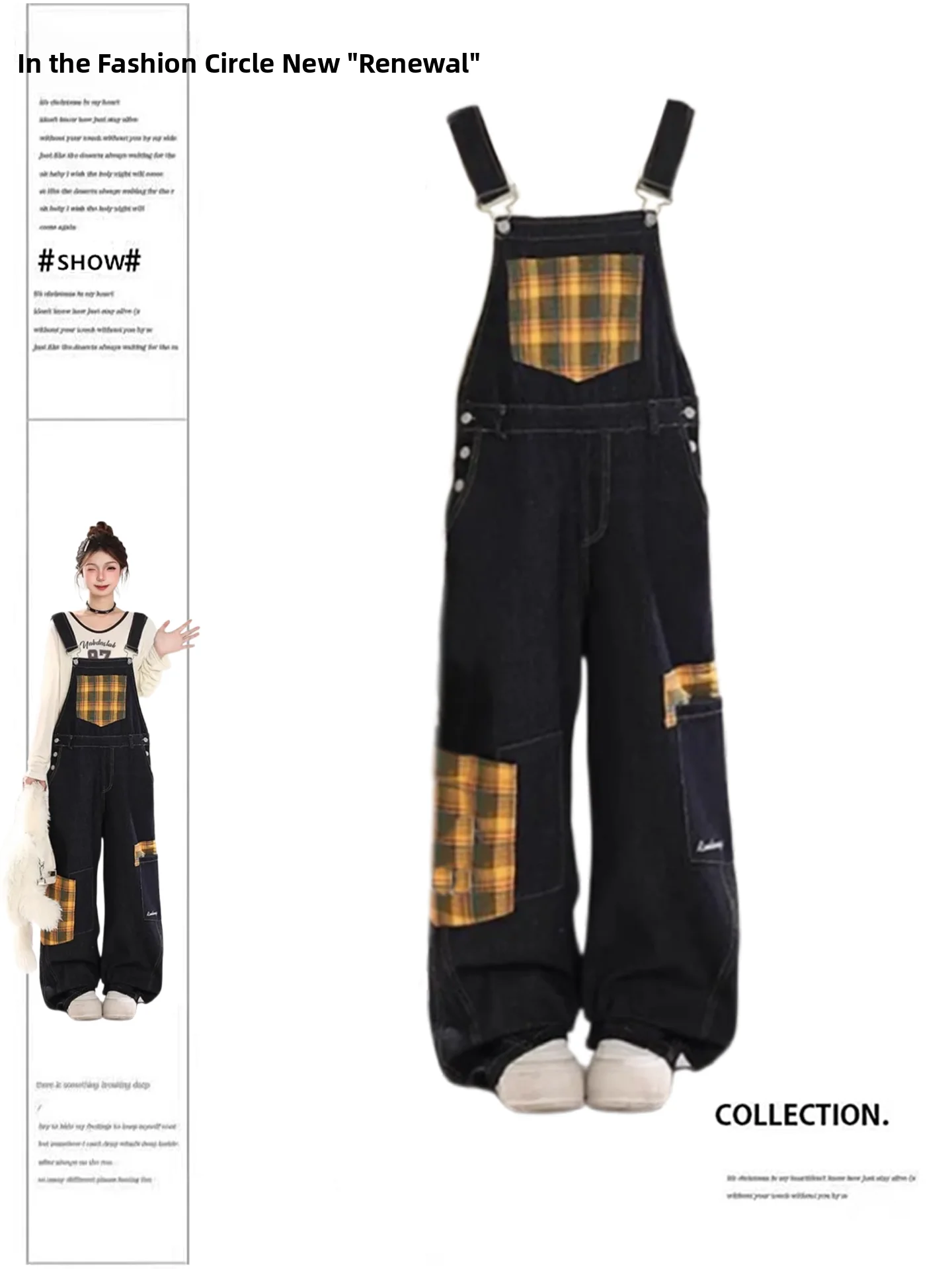 Plus Size Damen Denim Overalls Hohe Taille Ort Hosen Mehrere Ketten Plaid Design Frühherbst American Retro School Sl...