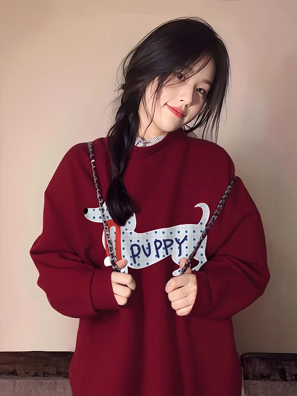 

Женская толстовка оверсайз с круглым вырезом и флисовой подкладкой, с принтом мультяшного таксы, для осени и зимы, повседневная верхняя одежда