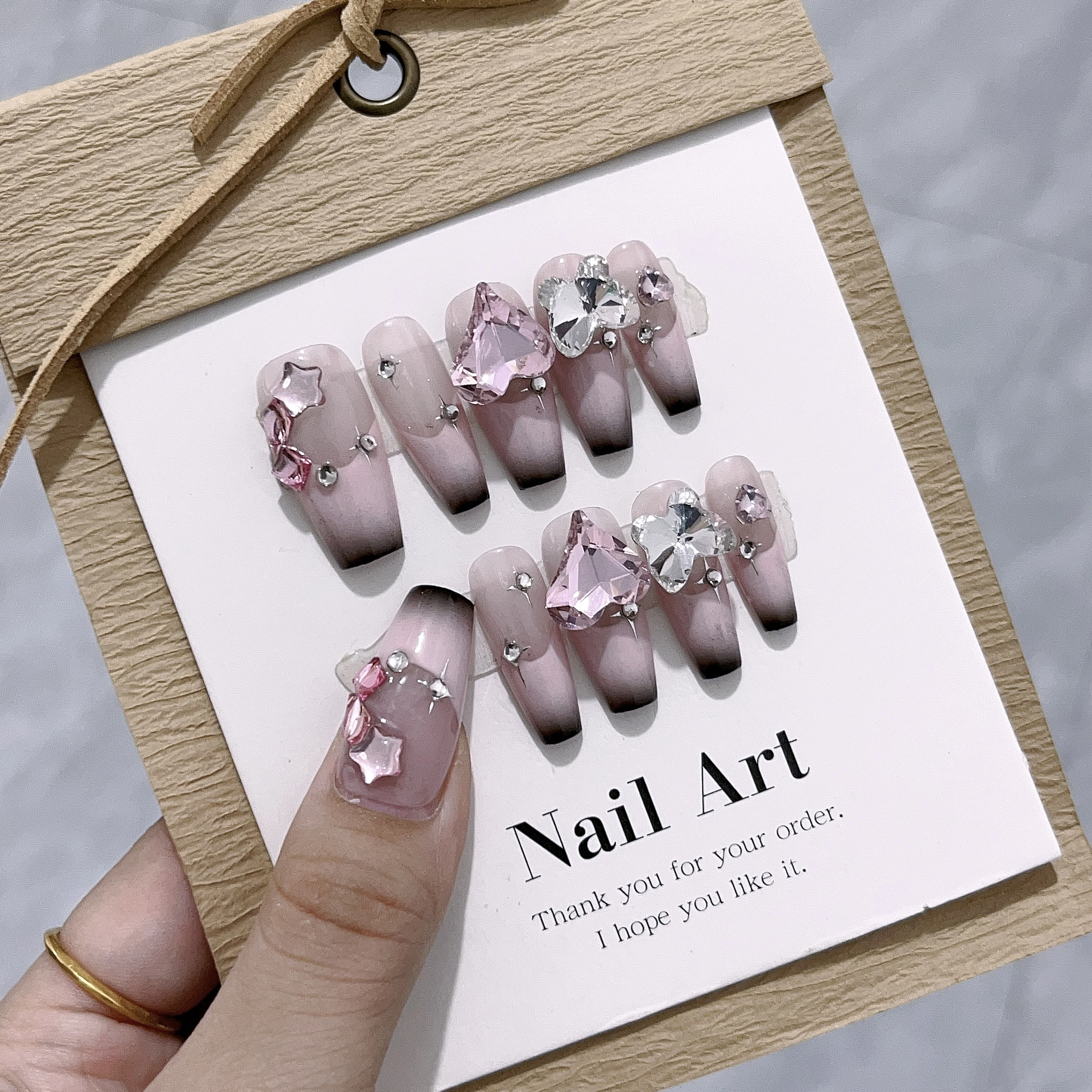 Sweet and Spicy Style French Gradient Love Heart Butterfly Pink Ink High-end Whitening Removable Handmade Press Nails.No.EM3215