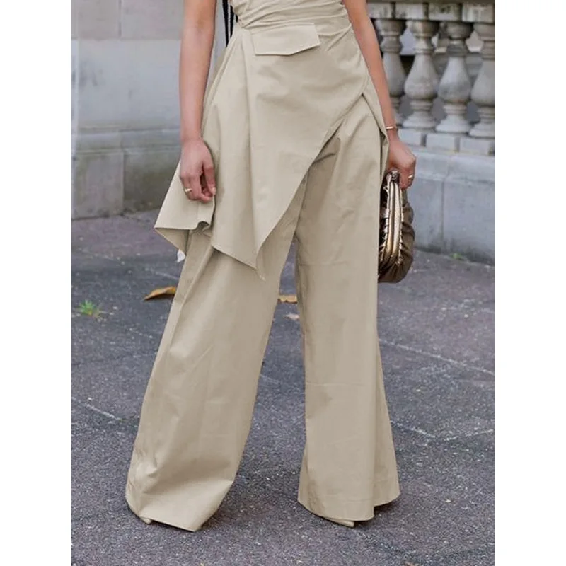 Tinaa Apricot Office Lady Pants 2025 Fashionable Cotton Wide-leg High Waist Pockets Work Business Wear Female Trousers 181899