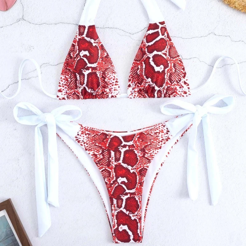 

Fashion Red Snake Pattern Tie-dye Bikini Lace-up Sexy Women Two-pieces Unique Swimsuit