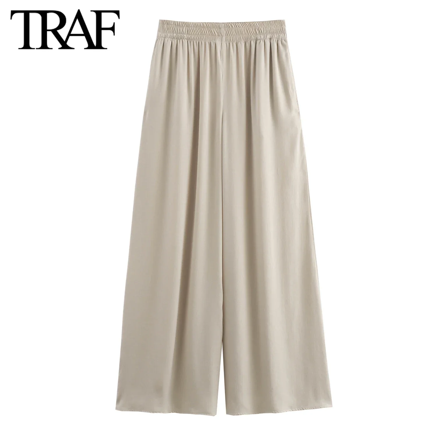 TRAF moda donna primavera estate nuovi pantaloni tinta unita Chic donna elastico in vita pantaloni a gambe larghe Mujer