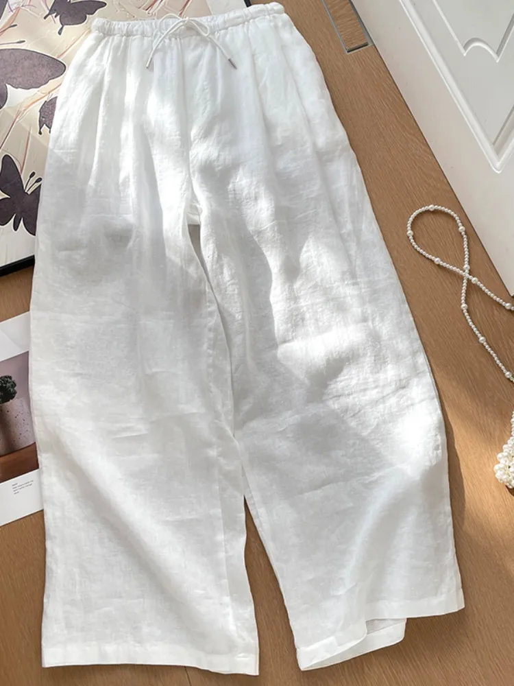 Chic Purple Linen Casual Wide Leg Pants Women Summer Loose Lazy Style Draped Cotton Linen Straight Home Pants