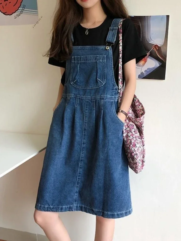 Denim Suspender Skirt Women Vintage Wash Blue A-line Casual Summer One-piece Korean  Strap Skirt Female B87