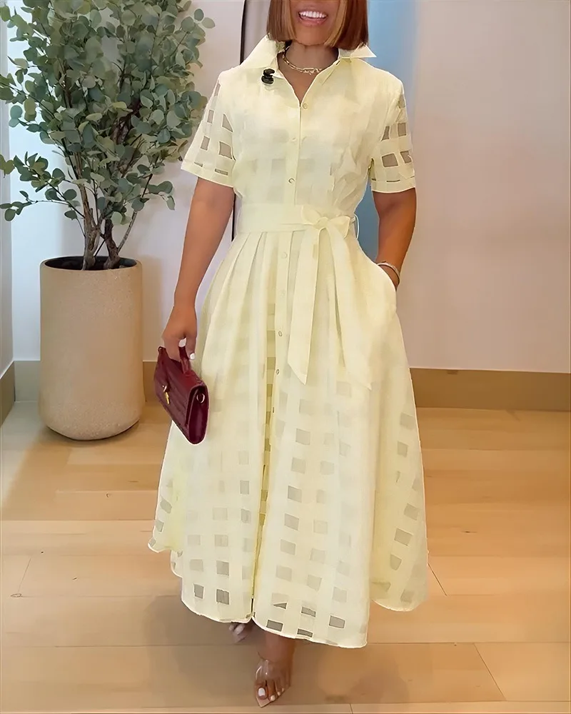 Lente Vrouwen Turn-down Kraag Plaid Mesh Dubbellaags Cinched Taille Maxi Jurk Button Down Strikje Taille Woon-werkverkeer Jurk
