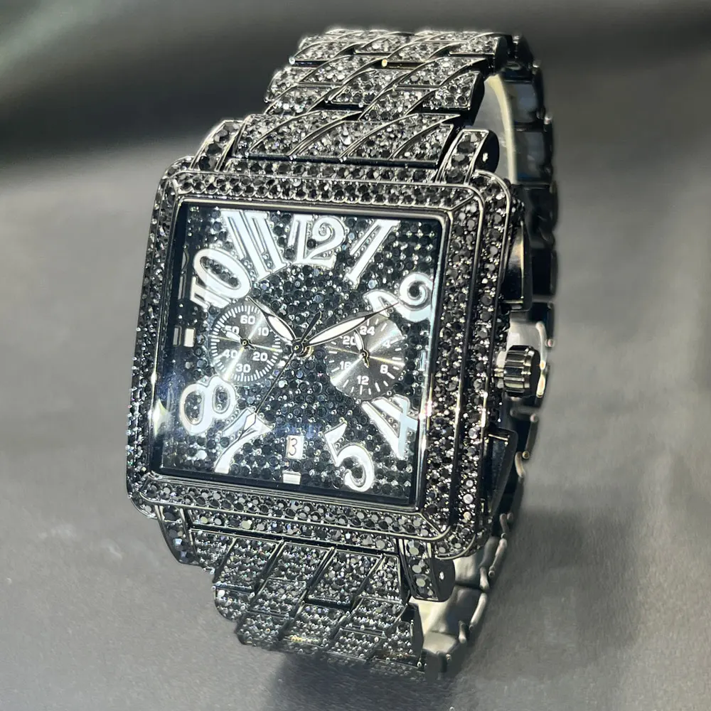 MISSFOX Men's Watches Luxury Diamond Black Iced Out Quartz Watch Top Brand Waterproof Big Dial Square Reloj Hombre Hot Sale