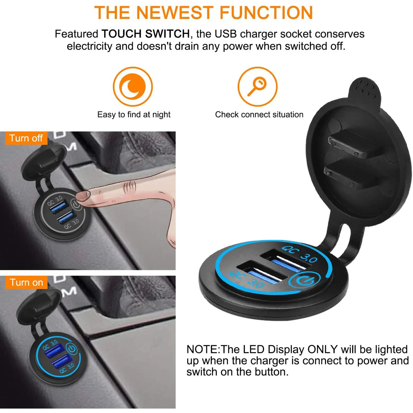 Carregador de carro USB com interruptor, tomada de energia à prova d'água, QC duplo 3.0, 12V, 36W, 1.1 Polegada Puncher