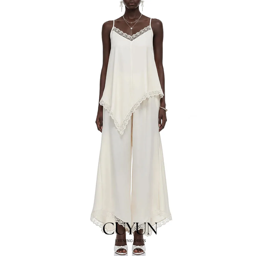 CUYUN Cream Sleeveless Draped Top & Trousers Set Customized Summer Party Wedding Guest Dresses