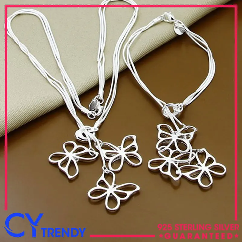 925 Sterling Silver Multilayer Butterfly Pattern Necklaces Bracelets Fashion Jewelry Set