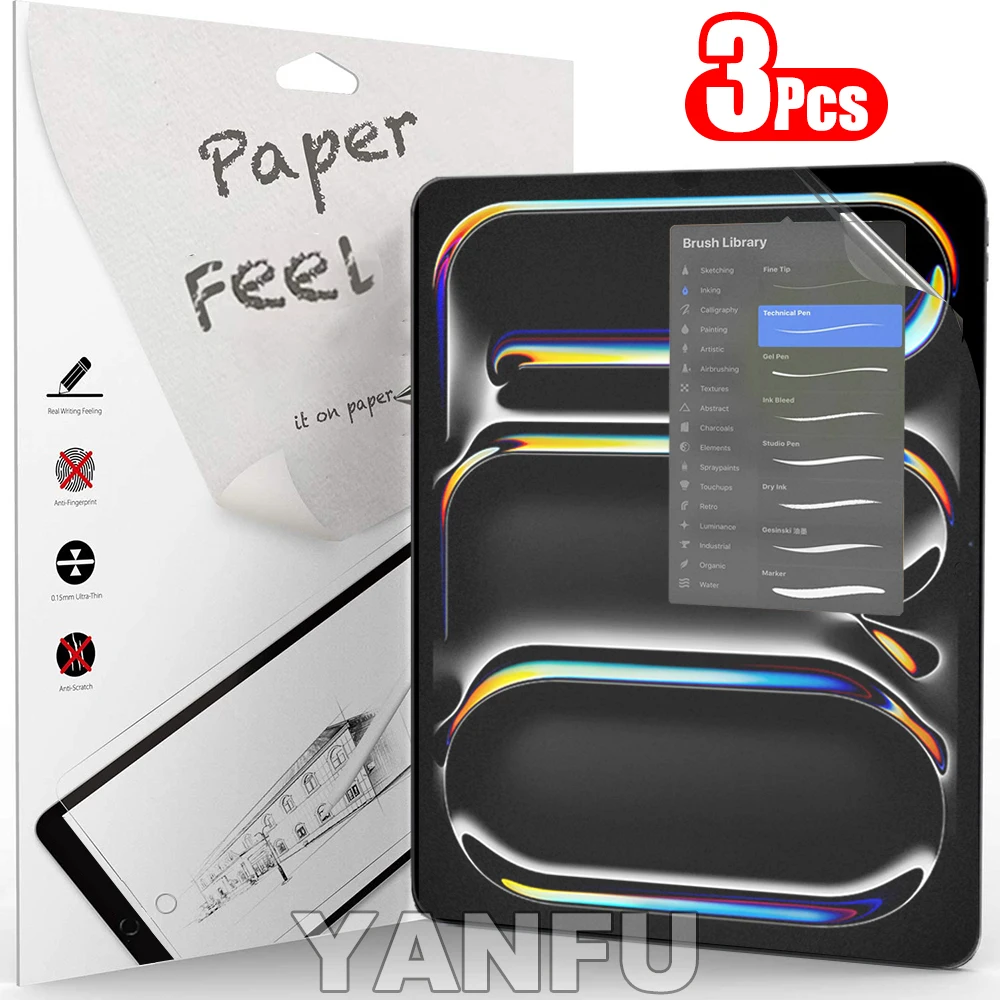 

3 шт. защитных пленок с эффектом бумаги для iPad Air 11 Pro 13 2024 10-го, 9-го, 8-го, 7-го, 6-го поколений, Air 5, 4, Pro 11, 12.9, 10.5, M5 (без стекла)