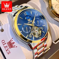 OLEVS Men Watches Mechanical Luxury Waterproof Moon Phase Date Skeleton Stainless steel Leather Strap Automatic Men's Watch