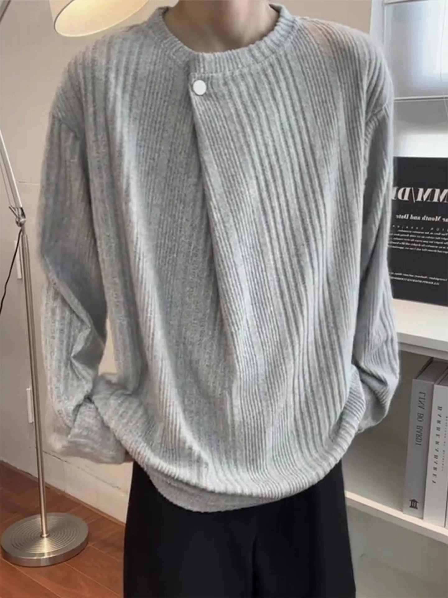 

Свободный вязаный свитер-футболка для мужчин, удобный базовый слой для осеннего сезона, повседневной носки, дома и путешествий