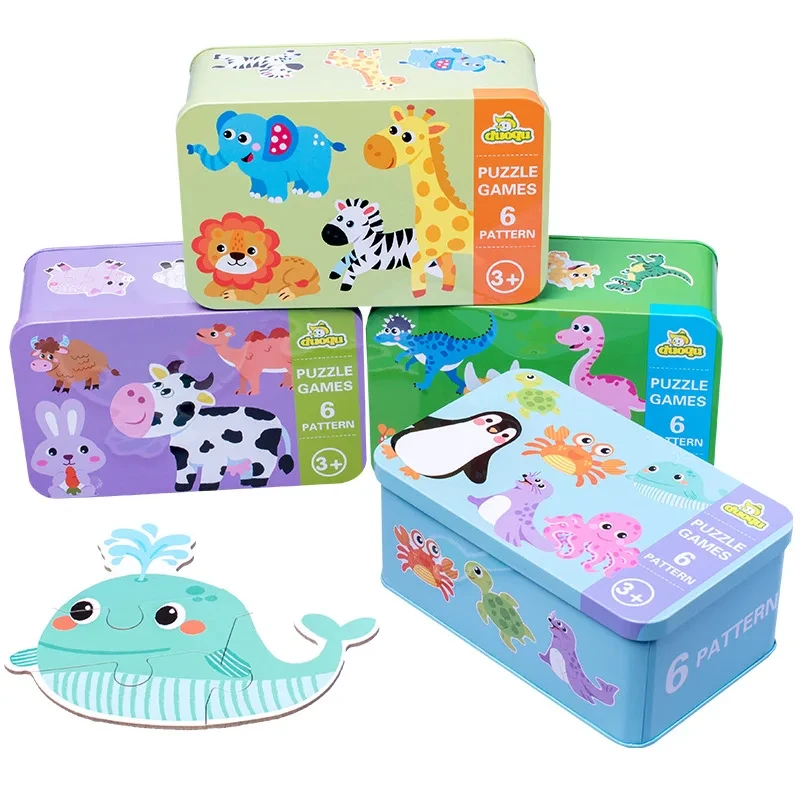 Baby Puzzle Montessori Educational Toys Wood Puzzle Games Iron Box Children Animal Wooden Puzzles For Kids 2 3 4 Year