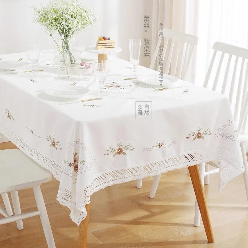 Tablecloth White Cotton Yarn Europe Embroidered Table Juppe Dining Table Cover Flower Lace Pastoral Coffee Table Towel Cover