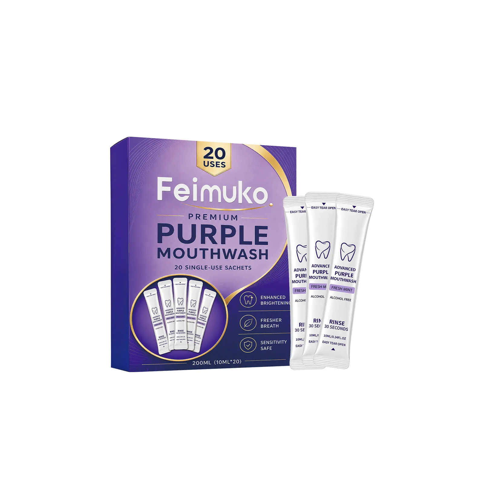Feimuko Purple Refreshing Mouthwash Cleans Bad Breath Comfortable Remove Plaque Stains No Sensitivity Safe Mint Mouthwash 20Pcs