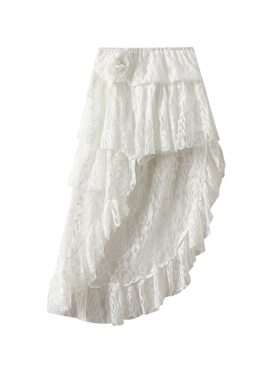 

Women s Summer Lace Skirt High Waist Asymmetric Ruffled Hem Skirt Elegant A-Line Midi Skirts