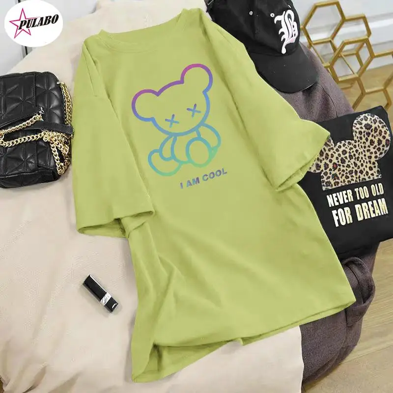 PULABO 100% Cotton Spring Summer Loose Large Size Medium And Long Short-sleeved Top Students Printing T-shirt Women y2k