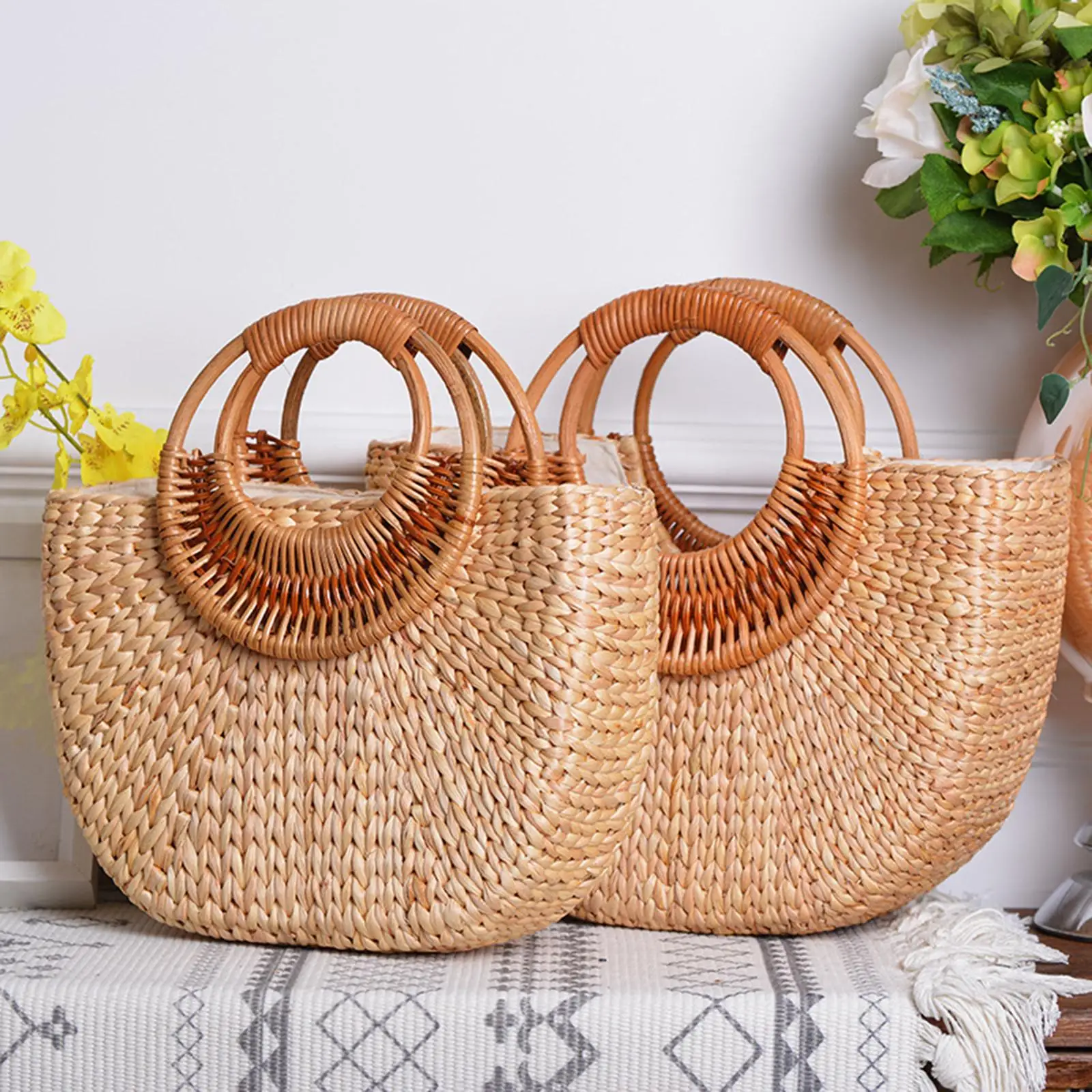 Tas Tote jerami buatan tangan, tas rotan bentuk bulan Bohemia untuk kencan berkemah