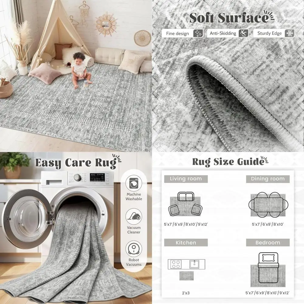 

Ковер в марокканском стиле бохо 5x7, моющийся, с нескользящим покрытием, устойчивый к пятнам, с низким ворсом, для гостиной, спальни и офиса (серый)