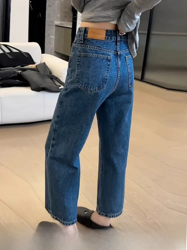 Retro perna reta denim jeans feminino primavera tamanho grande solto carne escondendo nove pontos calças de cintura alta jeans casuais