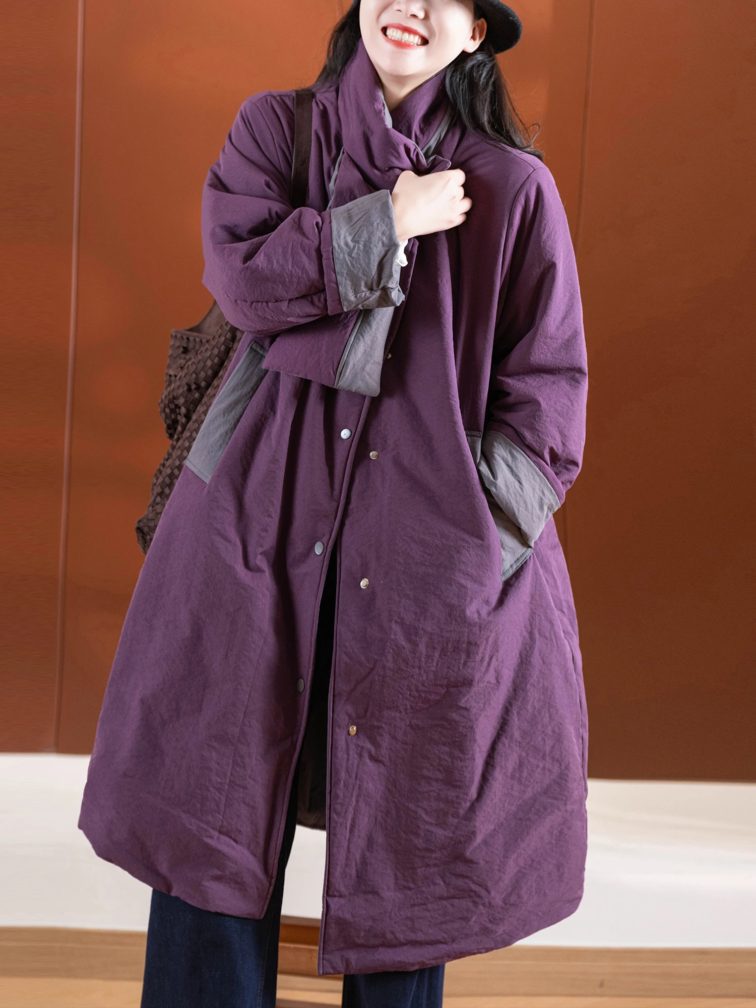 

Thiened Medium Length Jaet Women's Double Color Splicing Scarf Collar Cotton Padded Coat Sli Commute Loose Fit Coat