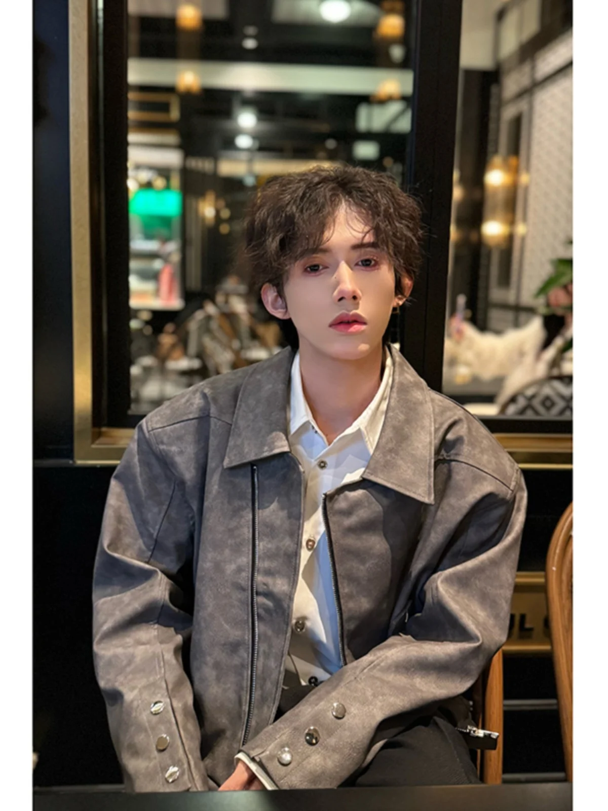 

Men's ey PU Leather Jaet Dyeing Harrington Jaet oulder Padded American Motorcycle Sle Zipper Closure Long Sve