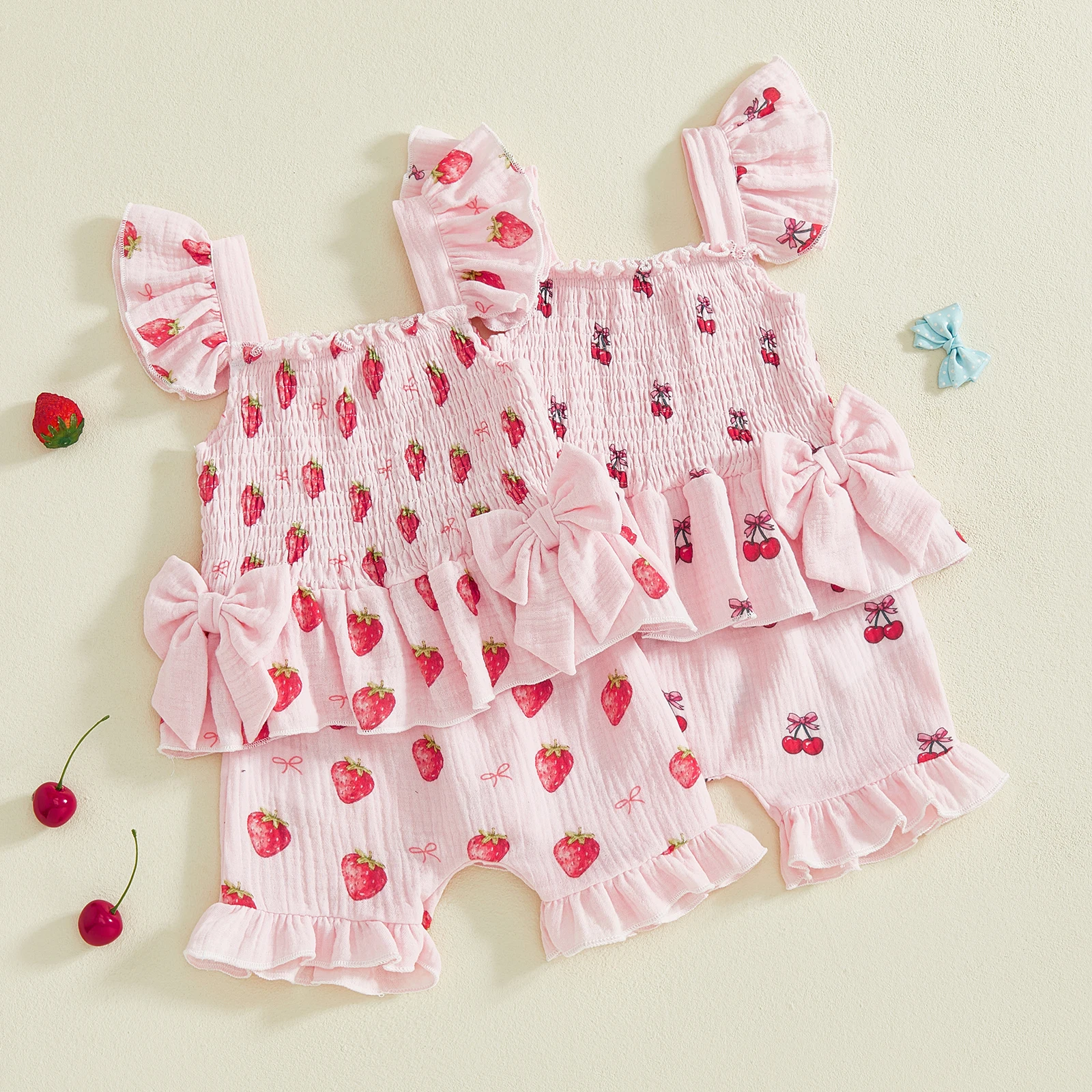 2Pcs Baby Girl Summer Outfits Ruffle Sleeveless Fruit Print Smocked Tops Shorts Set Newborn Girls Clothes Set