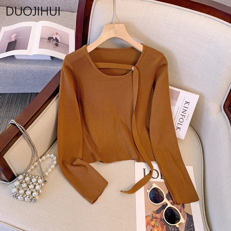 DUOJIHUI Chic Button Soft Warm Knitted Sweater Women Pullovers Autumn New Basic Long Sleeve Solid Color Simple Female Pullovers