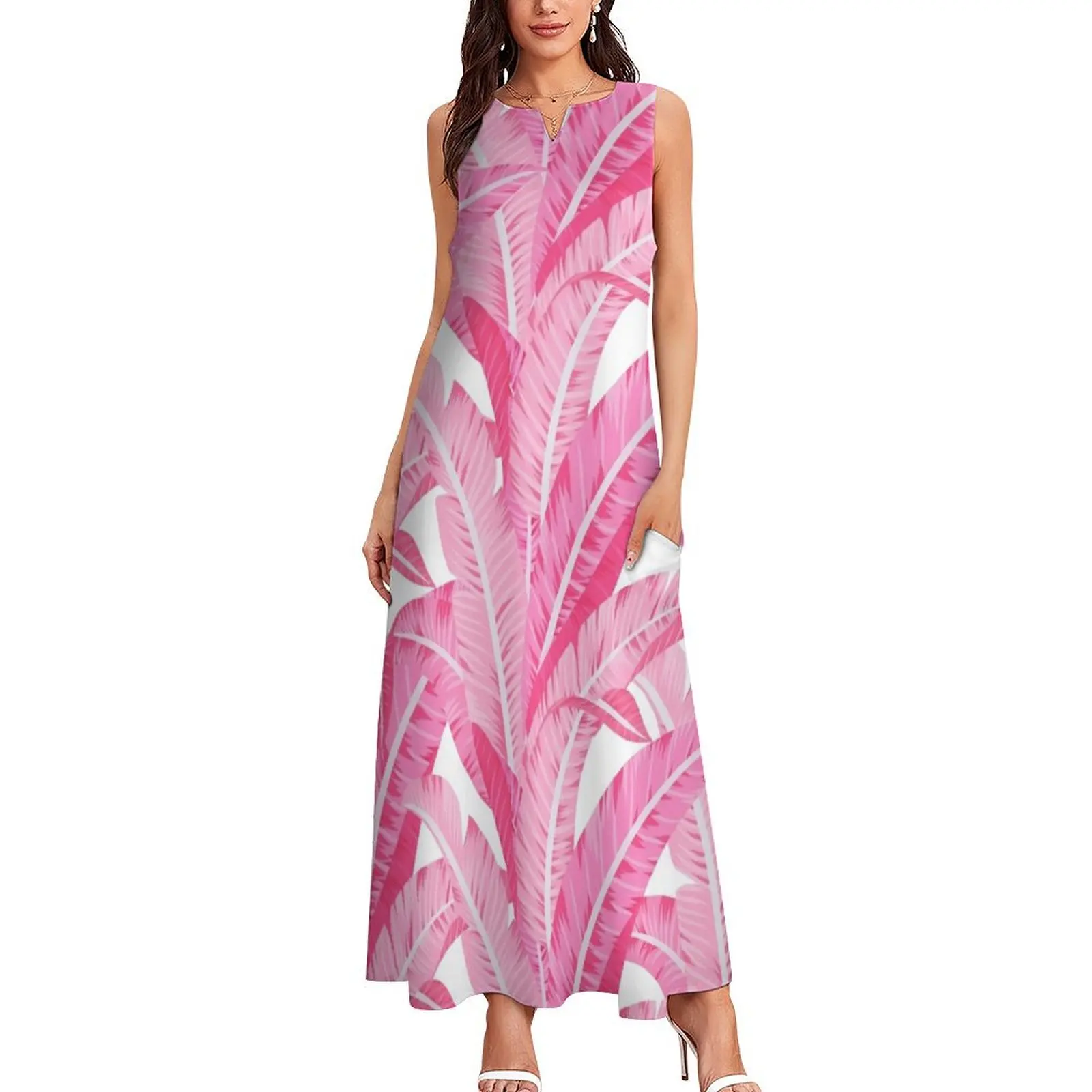 Pink banana leaves tropical pattern on white Long Dress women formal occasion dresses luxury dresses Elegant gowns Dress