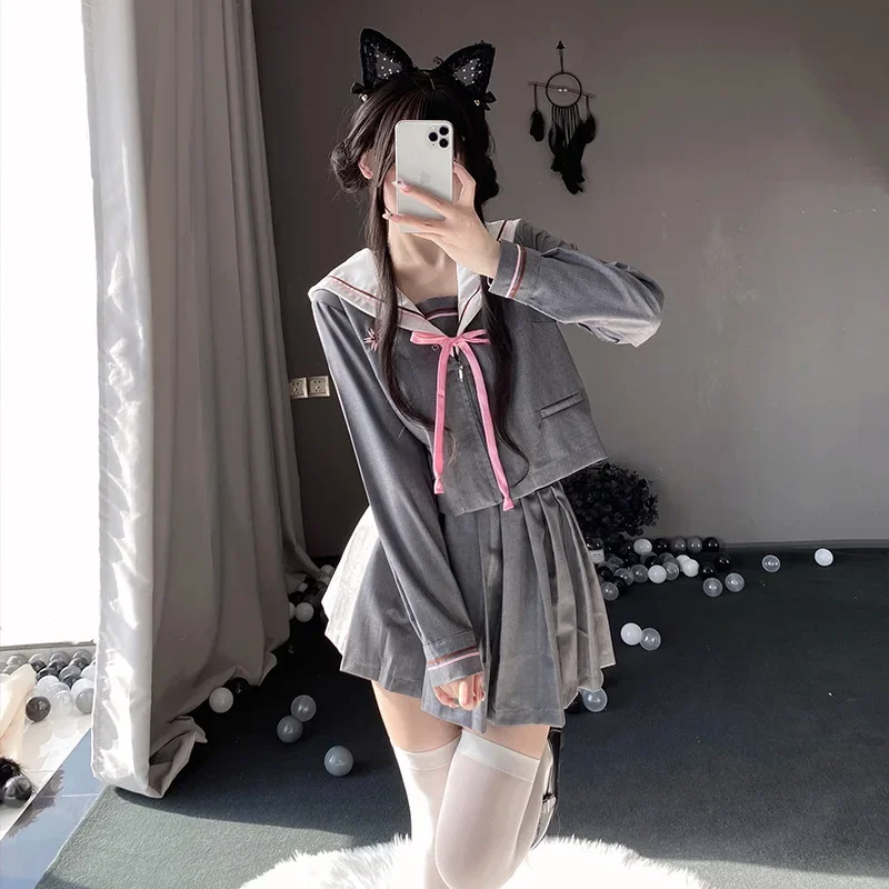 Uniforme scolastica coreana Ragazza Jk Abiti da marinaio Grigio rosato Due linee Set corto giapponese Gonna a pieghe Costume da laurea Donna