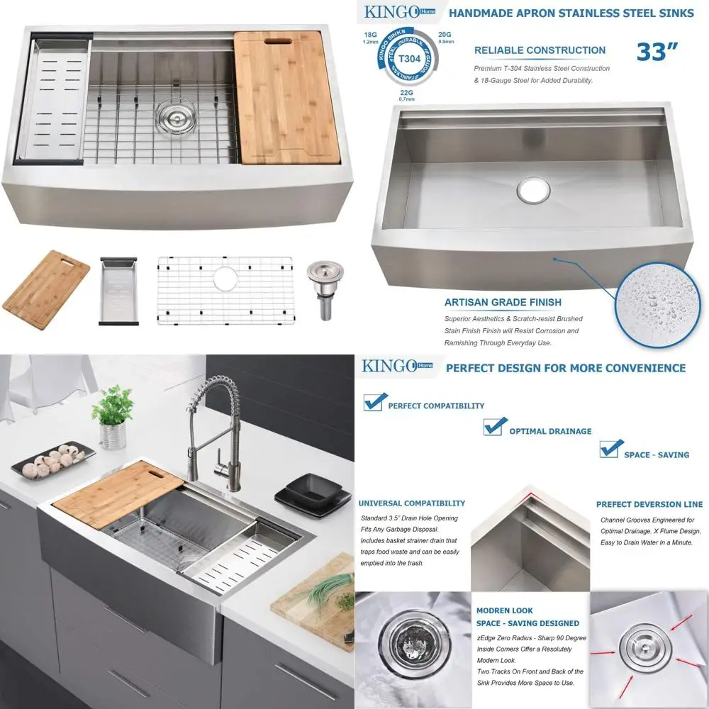 

33 18-Gauge Handcrafted Stainless Steel Single Basin Farmhouse Kitchen Sink with Modern Farmhouse Style