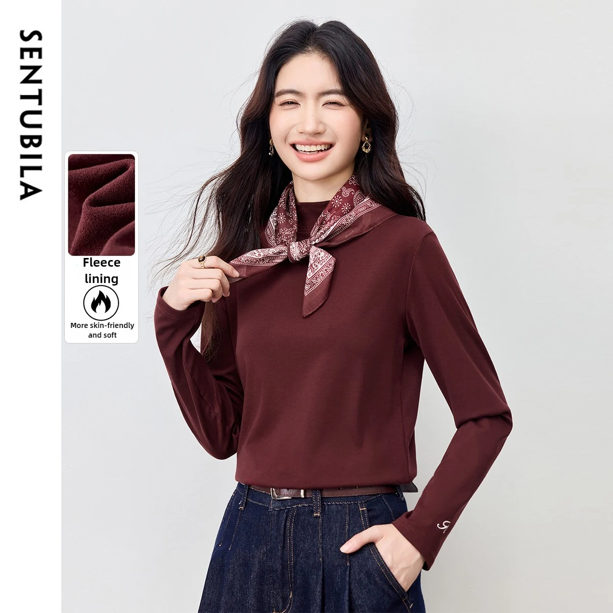 

SENTUBILA Long Sleeve Tops for Women T-shirt 2025 Autumn Winter Thermal Thickened Letter Embroidery Slim Fit Top W54SF3966