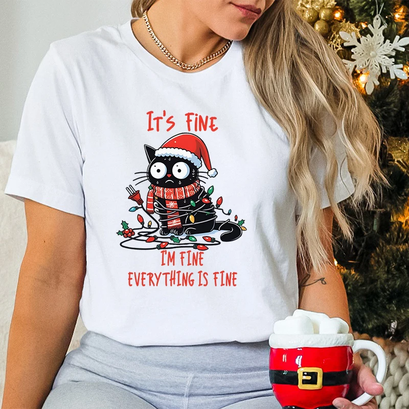

2025 Fashion Christmas Cat Lights T-shirt Women It's Fine I'm Fine Everything Is Fine Print Tops Funny Cat Christmas Party Tee