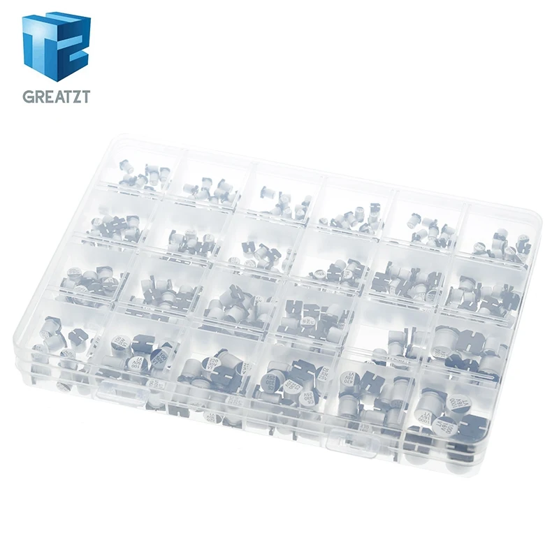 

1uF~1000uF 6.3V-50V 400Pcs 24Value SMD Aluminum Electrolytic Capacitors Assortment Kit+ Box