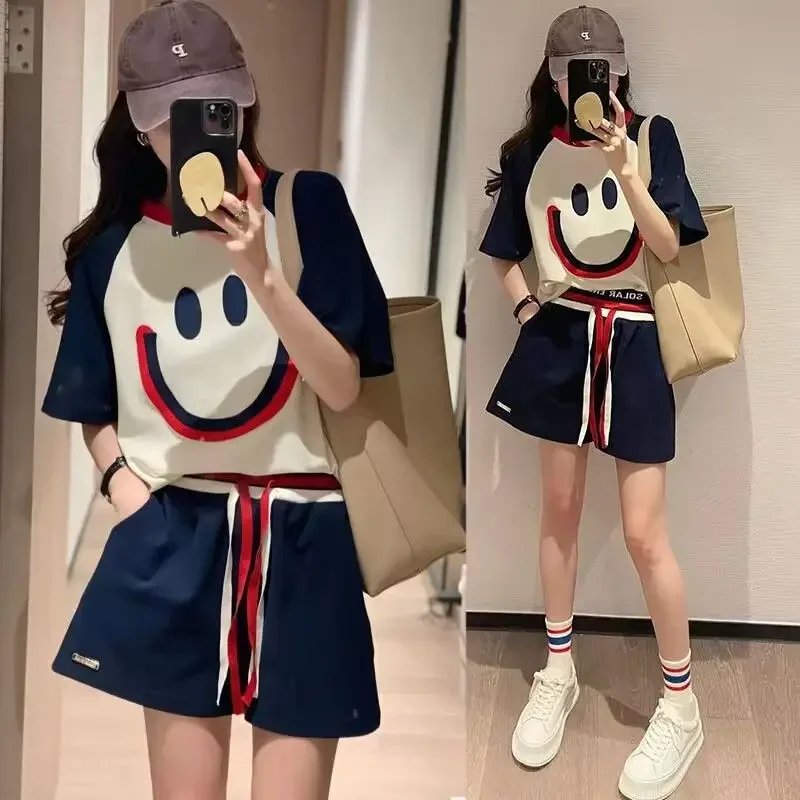 Fashionable Printing Two Piece Set Summer Casual Short Sleeve Tops Ladies Sports Pullovers Streetwear Elastic Waist Shorts 2024