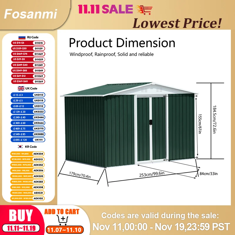 

Зеленый металлический навес 8x6 футов с водонепроницаемой рамой из алюминиевого сплава из оцинкованной стали для хранения на открытом воздухе для мебели/велосипедов/автомобилей