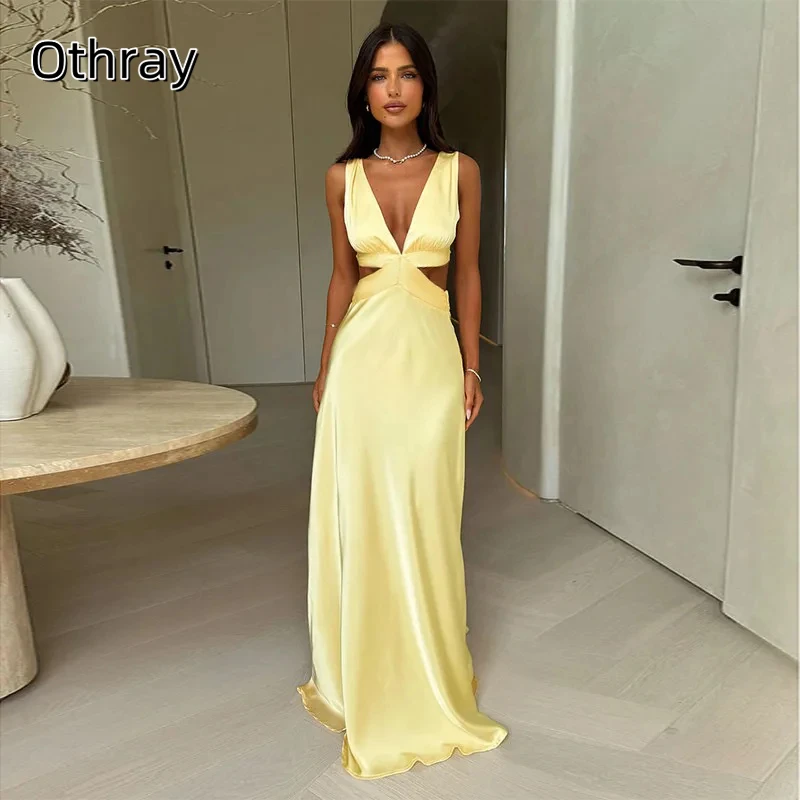 

A-line Deep V neck Long Dress Satin Prom Dresses Sash Backless Customized Sleeveless Slit Beach Vacation فساتين للمناسبات الخاصة