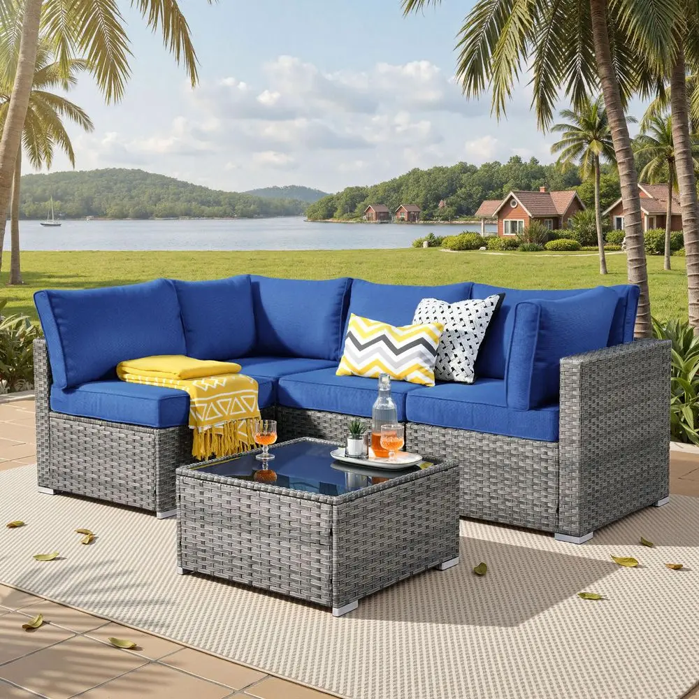 

Outdoor 5 Piece Coversation Set with Coffee Table,Sectional Patio Furniture Set with AllWeather Wicker Sofa,Modern Outside Couc