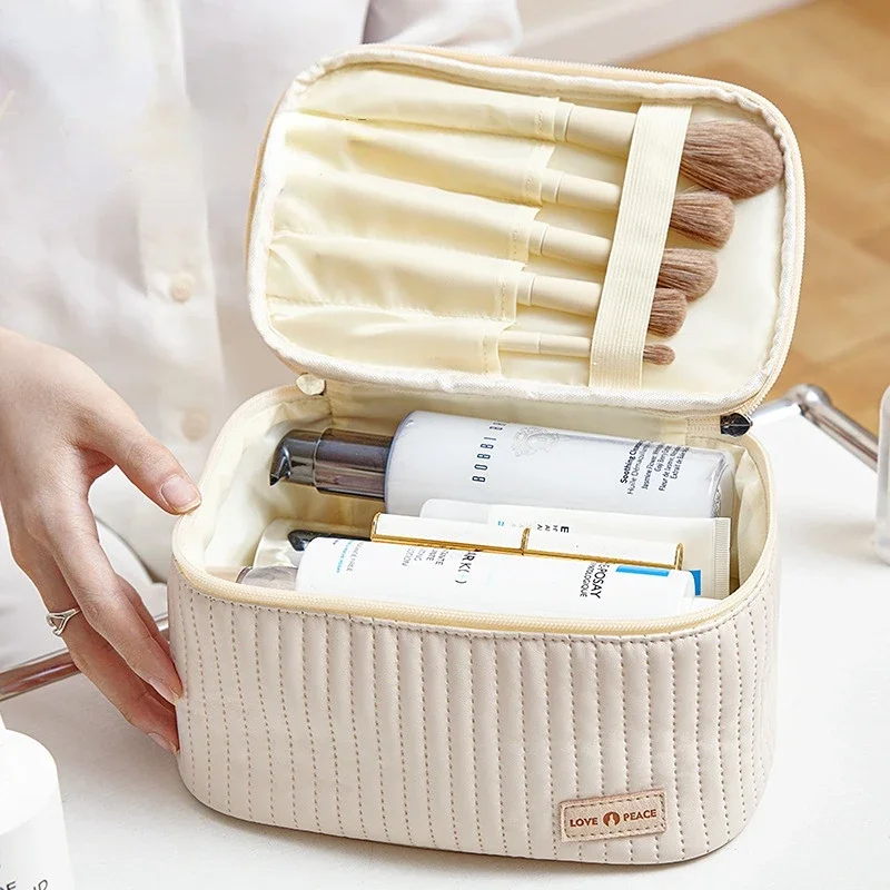 Bolsas de maquillaje para mujer, estuches bonitos de viaje, caja organizadora de maquillaje portátil de Color sólido, bolsa de cosméticos, Neceser de cuero PU