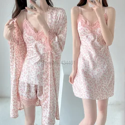 Satin Nightgown Print Leopard Sleep Set Women Outfits Lace Patchwork Pajamas With Shorts Summer Loungewear Sexy Sleepwear