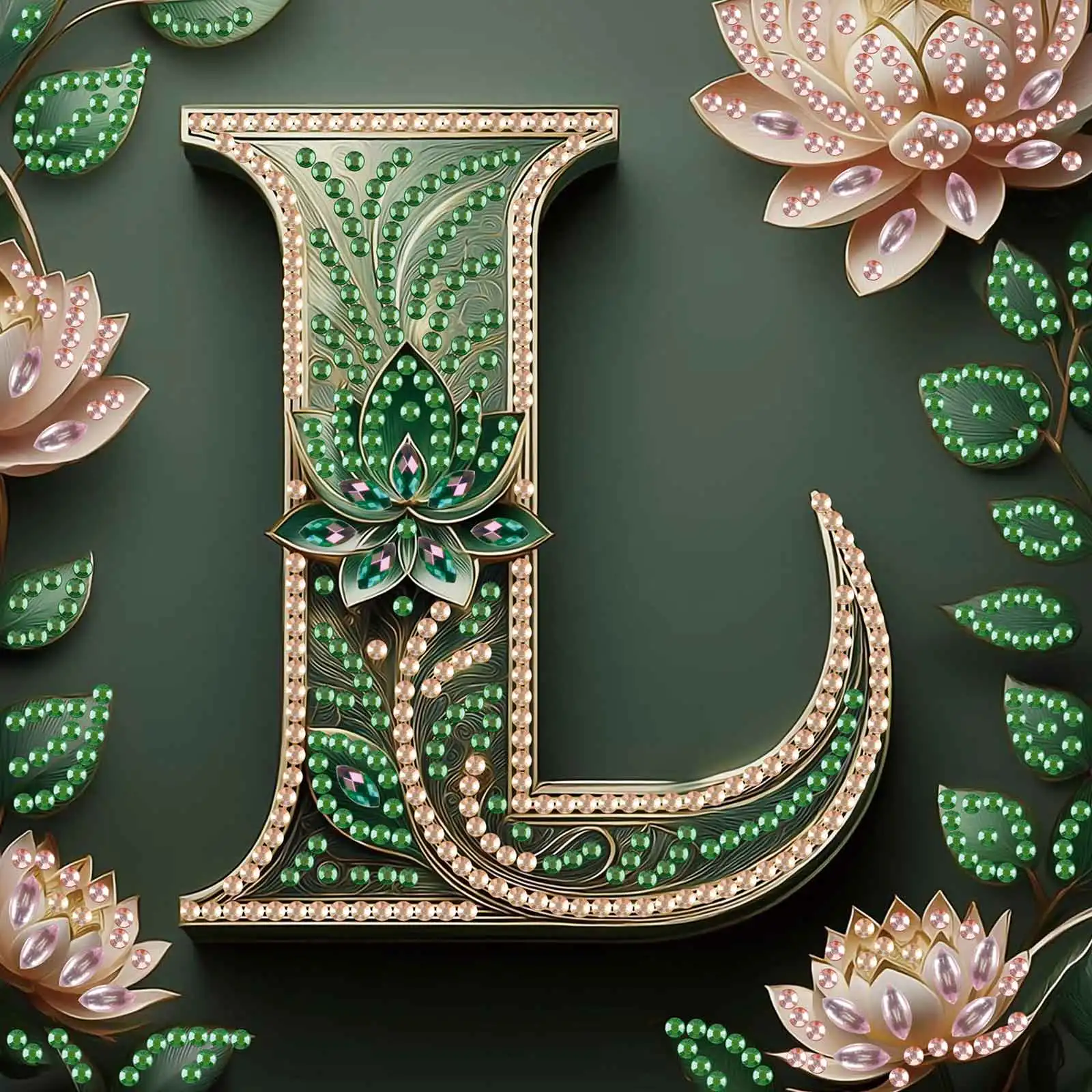 The letter L Special Shape Diamond Art Kits for Beginners,Green Theme Lotus DIY Diamond Painting Kits for Decor Gift 6.69x6.69in