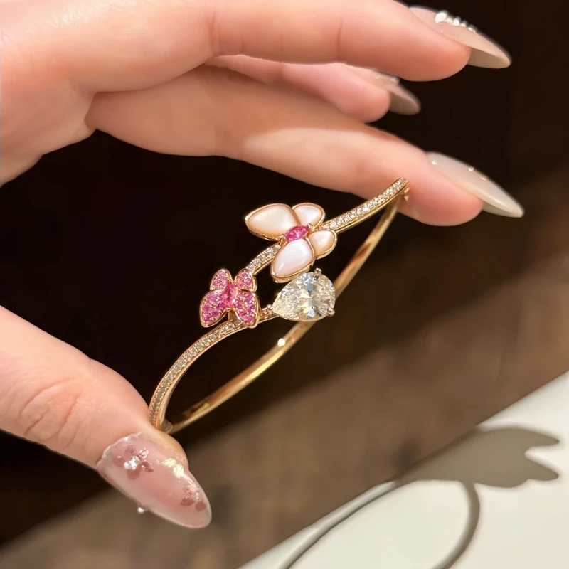 CAMEO Butterfly Bracelet S925 Silver Plated Synthetic Zircon Water Drop White Pink Shell Fashion Daily Bangle for Women